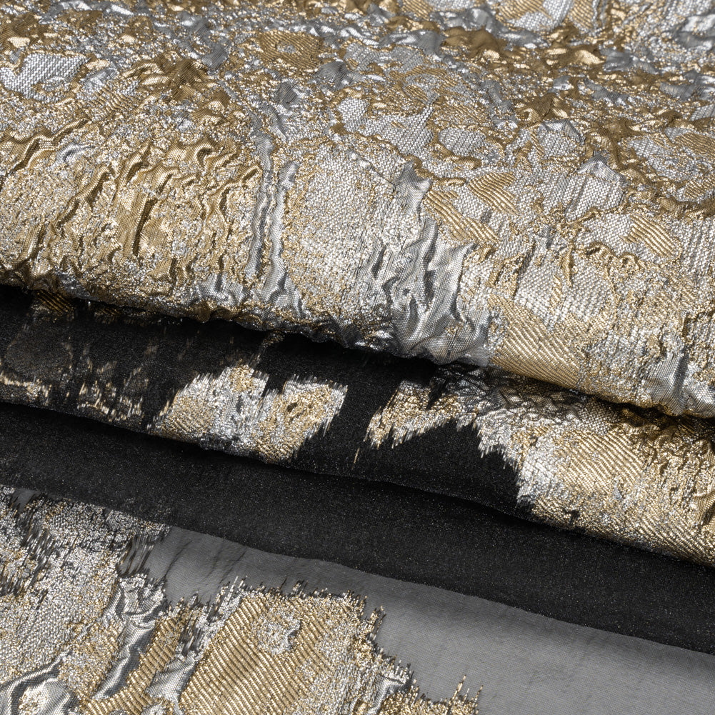 Metallic Burnout Luxury Brocade - Silver, Gold and Black Abstract Crinkled Borders