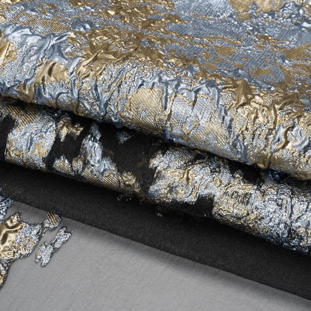 Metallic Burnout Luxury Brocade - Sky Blue, Gold and Black Abstract Crinkled Borders