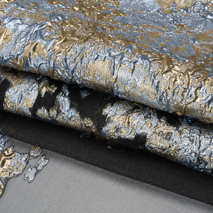 Metallic Burnout Luxury Brocade - Sky Blue, Gold and Black Abstract Crinkled Borders