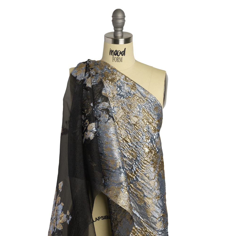 Metallic Burnout Luxury Brocade - Sky Blue, Gold and Black Abstract Crinkled Borders