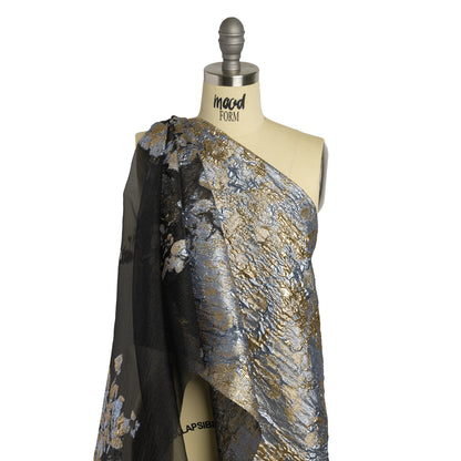Metallic Burnout Luxury Brocade - Sky Blue, Gold and Black Abstract Crinkled Borders