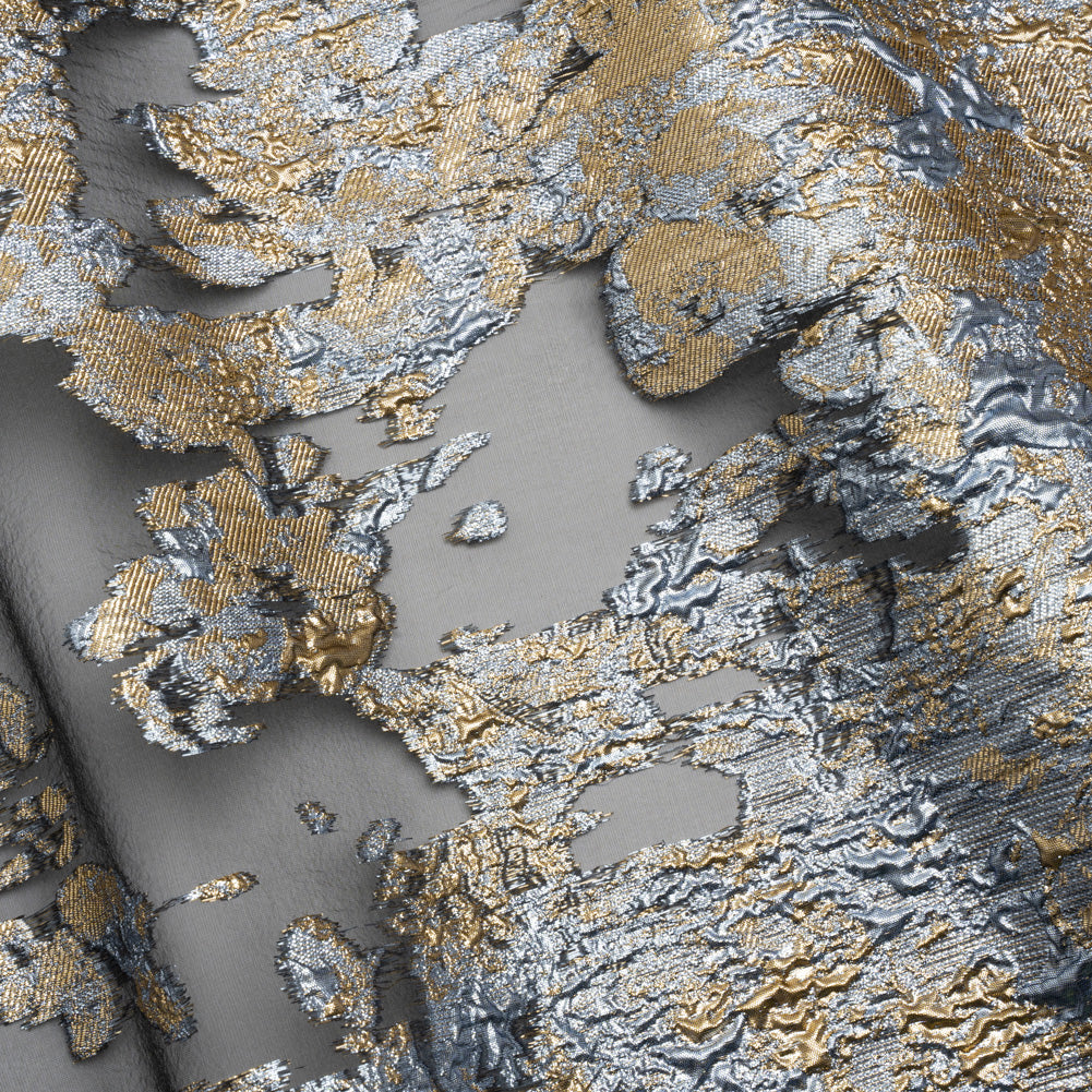 Metallic Burnout Luxury Brocade - Sky Blue, Gold and Black Abstract Crinkled Borders