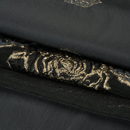 Metallic Burnout Luxury Brocade - Charcoal, Black and Gold Rose Border
