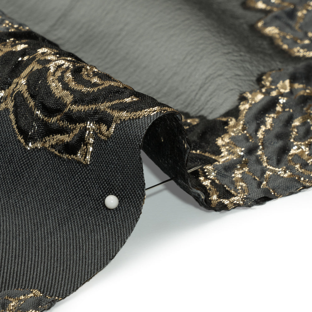 Metallic Burnout Luxury Brocade - Charcoal, Black and Gold Rose Border