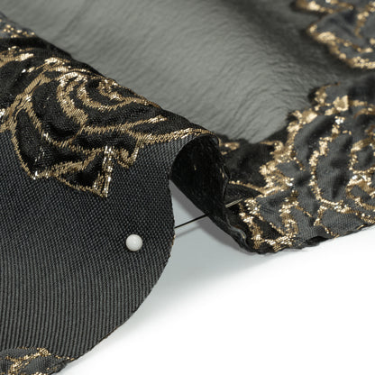 Metallic Burnout Luxury Brocade - Charcoal, Black and Gold Rose Border