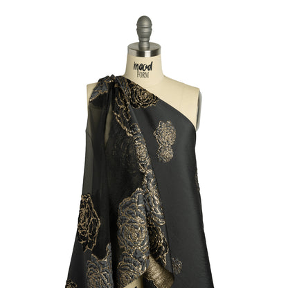 Metallic Burnout Luxury Brocade - Charcoal, Black and Gold Rose Border