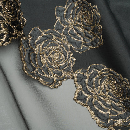Metallic Burnout Luxury Brocade - Charcoal, Black and Gold Rose Border