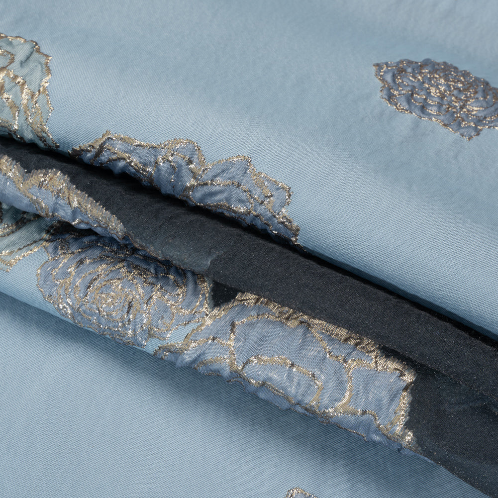 Metallic Burnout Luxury Brocade - Sky Blue and Gold Rose Border