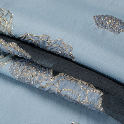 Metallic Burnout Luxury Brocade - Sky Blue and Gold Rose Border