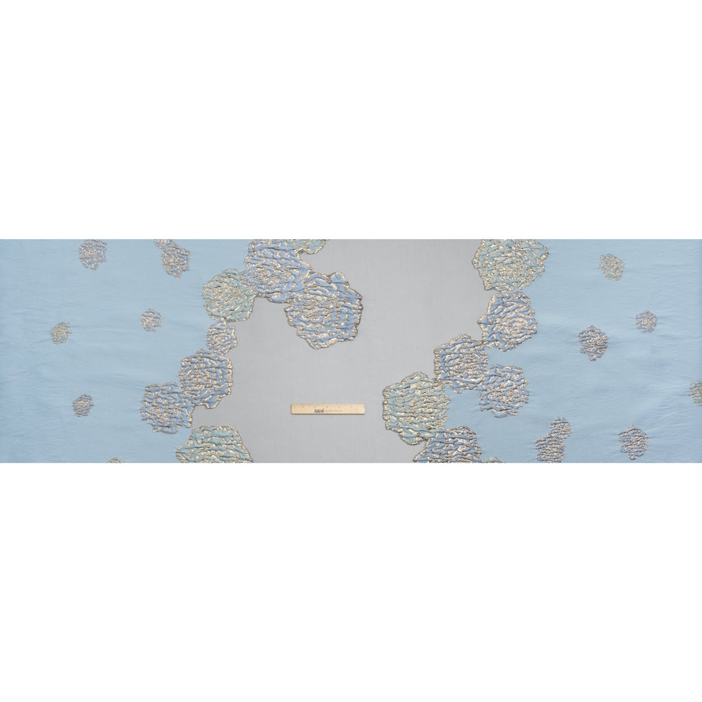 Metallic Burnout Luxury Brocade - Sky Blue and Gold Rose Border