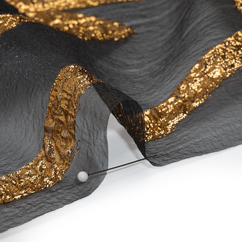 Metallic Luxury Burnout Brocade Panel - Black and Gold Floral Medallion - Detail