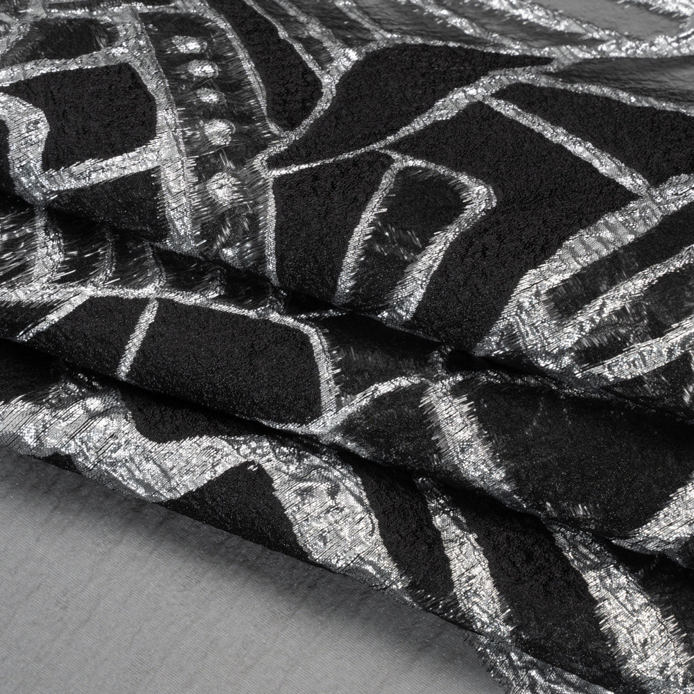 Metallic Luxury Burnout Brocade Panel - Black and Silver Floral Medallion - Folded