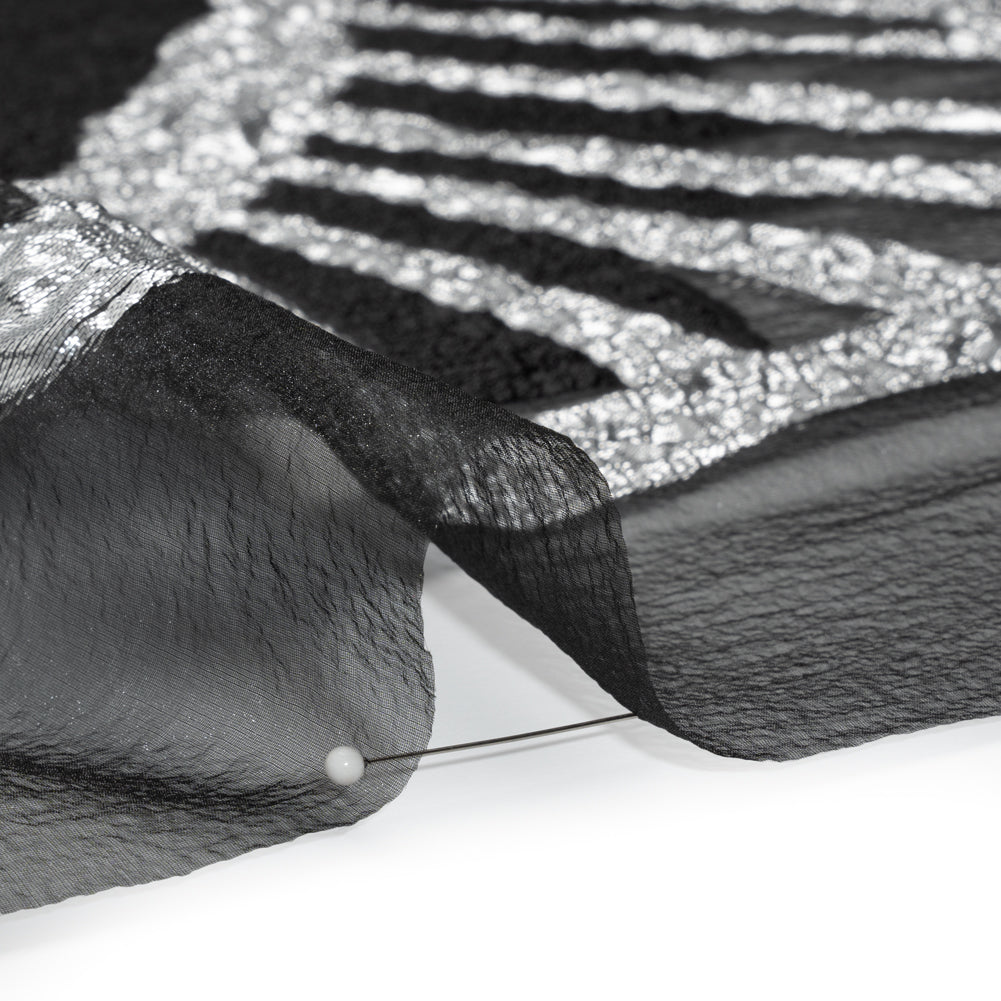 Metallic Luxury Burnout Brocade Panel - Black and Silver Floral Medallion - Detail