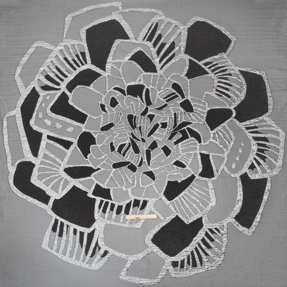 Metallic Luxury Burnout Brocade Panel - Black and Silver Floral Medallion - Full