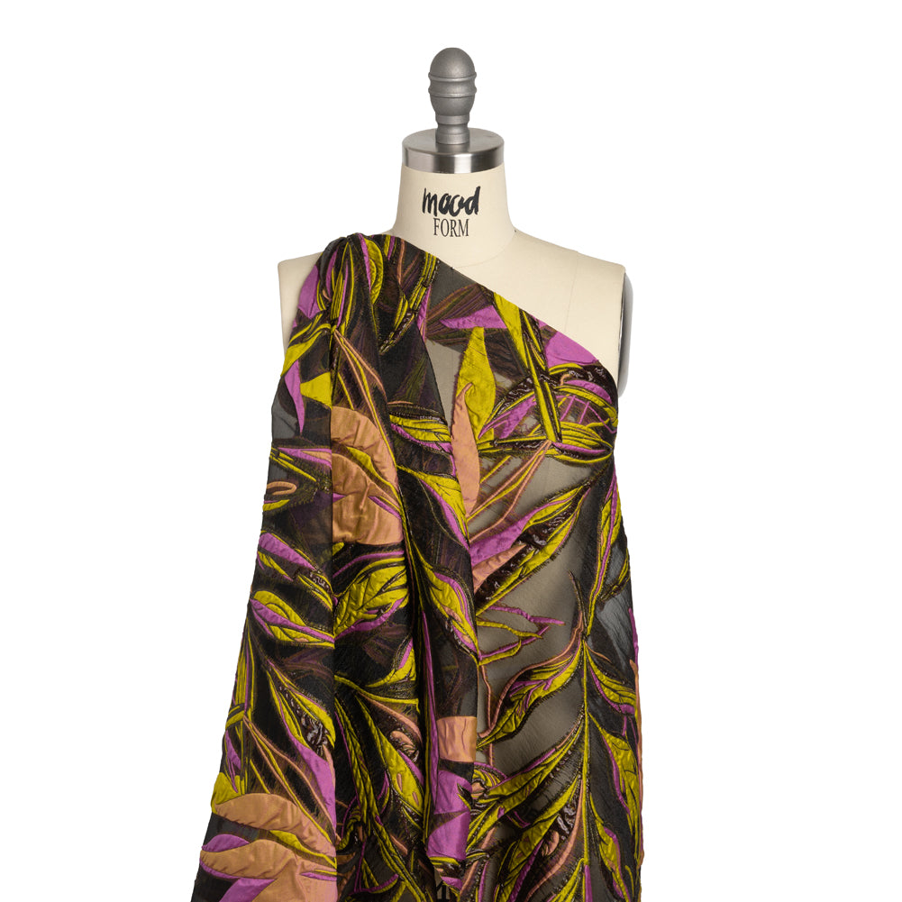 Metallic Luxury Burnout Brocade - Purple, Green and Black Magical Leaves - Drape