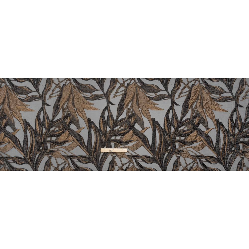 Metallic Luxury Burnout Brocade - Mole Brown and Black Magical Leaves