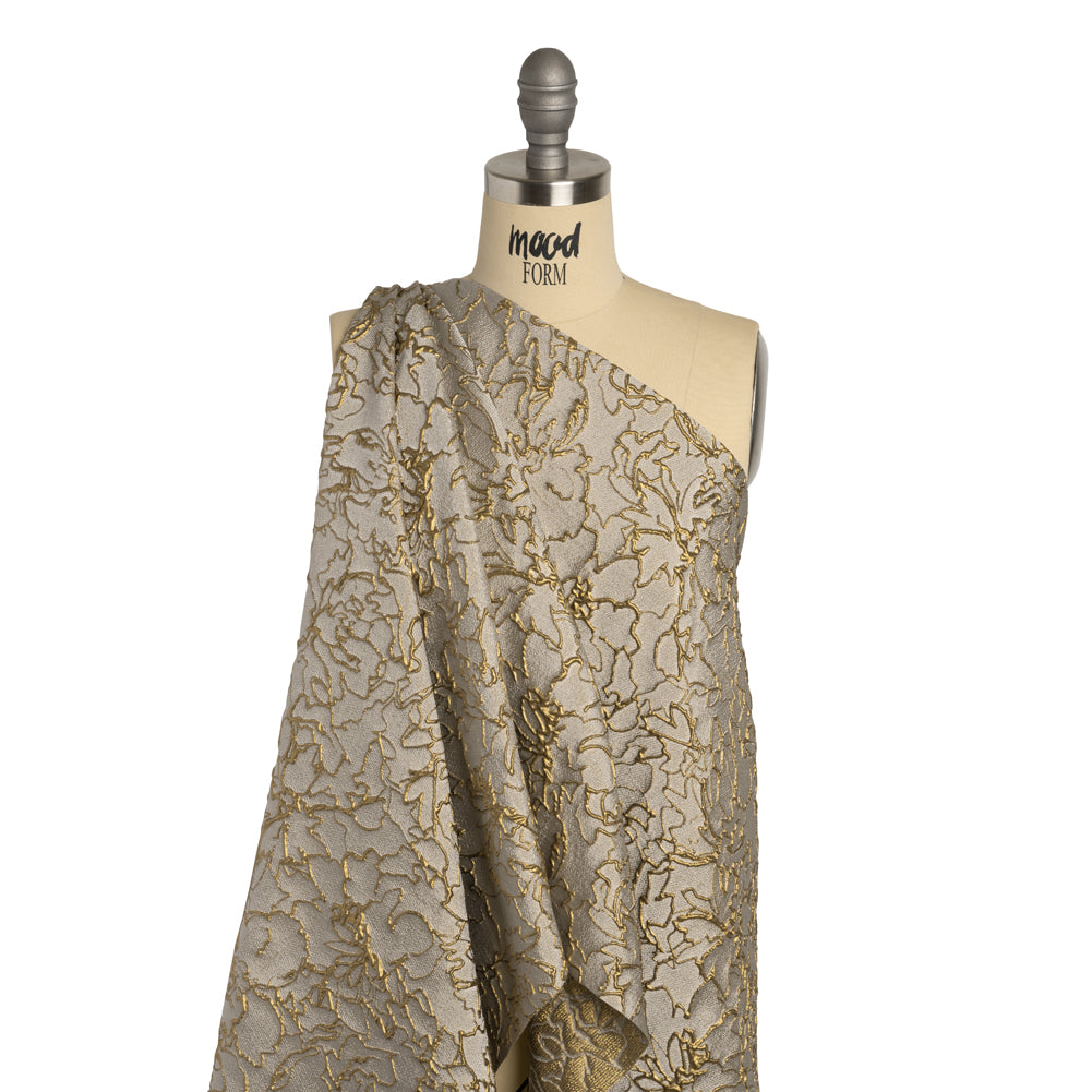 Metallic Luxury Brocade - Gray and Gold Floral Outlines - Drape