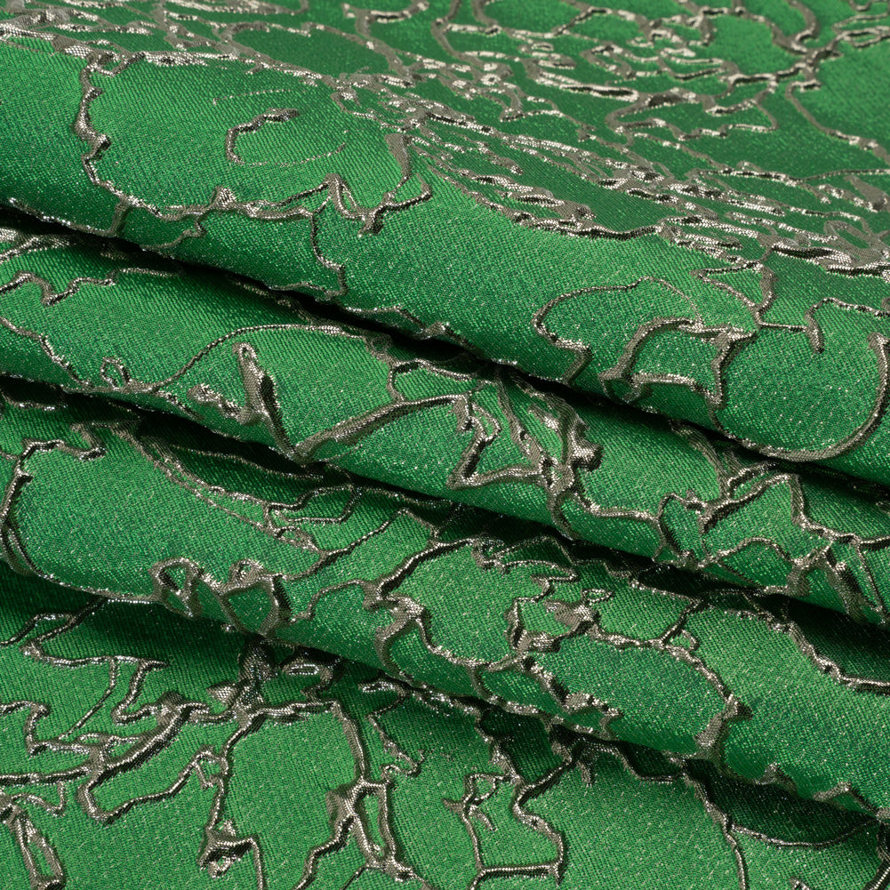 Metallic Luxury Brocade - Kelly Green and Silver Floral Outlines