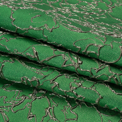 Metallic Luxury Brocade - Kelly Green and Silver Floral Outlines