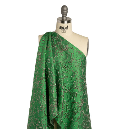 Metallic Luxury Brocade - Kelly Green and Silver Floral Outlines
