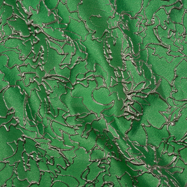 Metallic Luxury Brocade - Kelly Green and Silver Floral Outlines