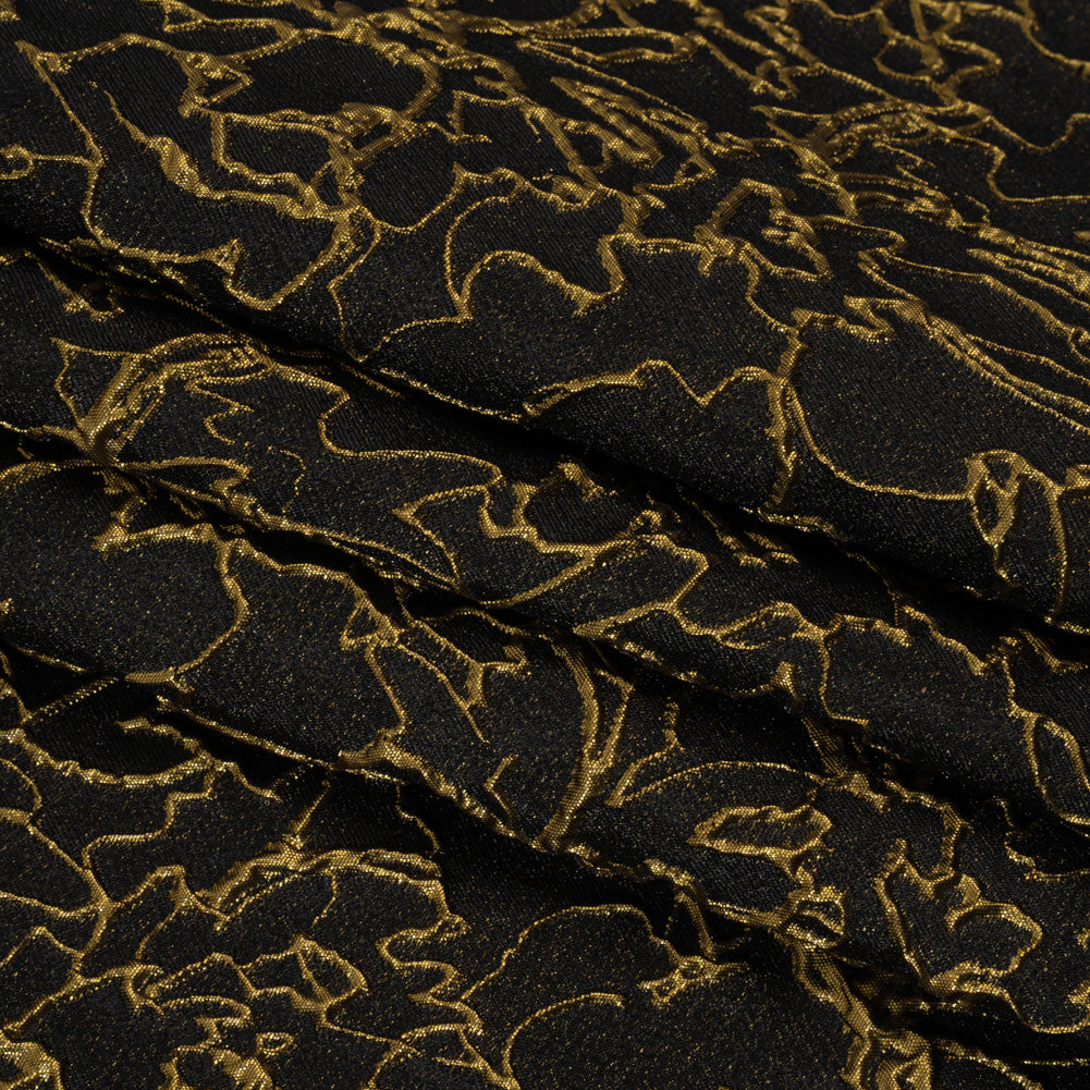 Metallic Luxury Brocade - Black and Gold Floral Outlines - Folded