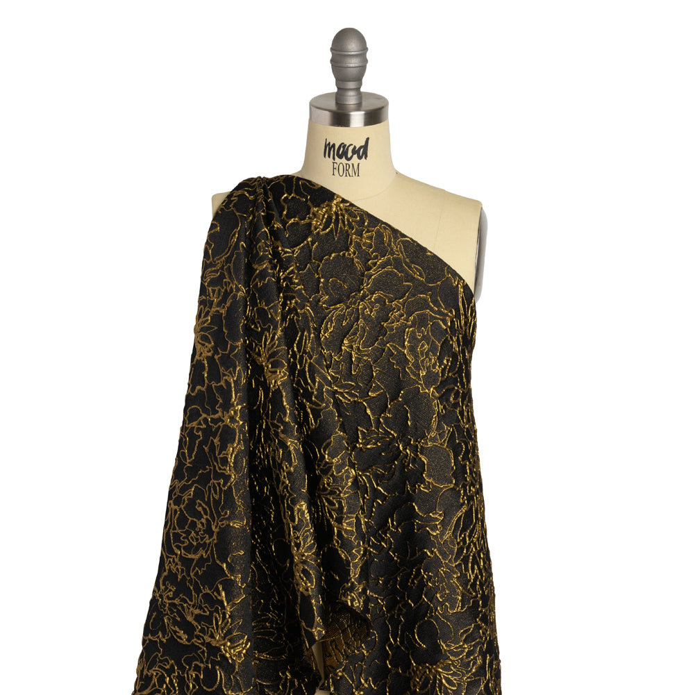 Metallic Luxury Brocade - Black and Gold Floral Outlines - Drape