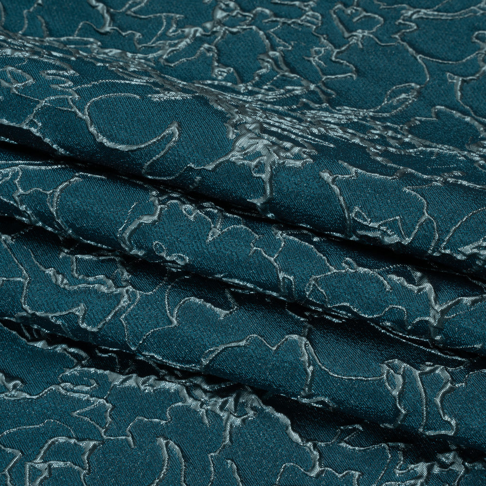 Metallic Luxury Brocade - Teal and Sky Blue Floral Outlines - Folded