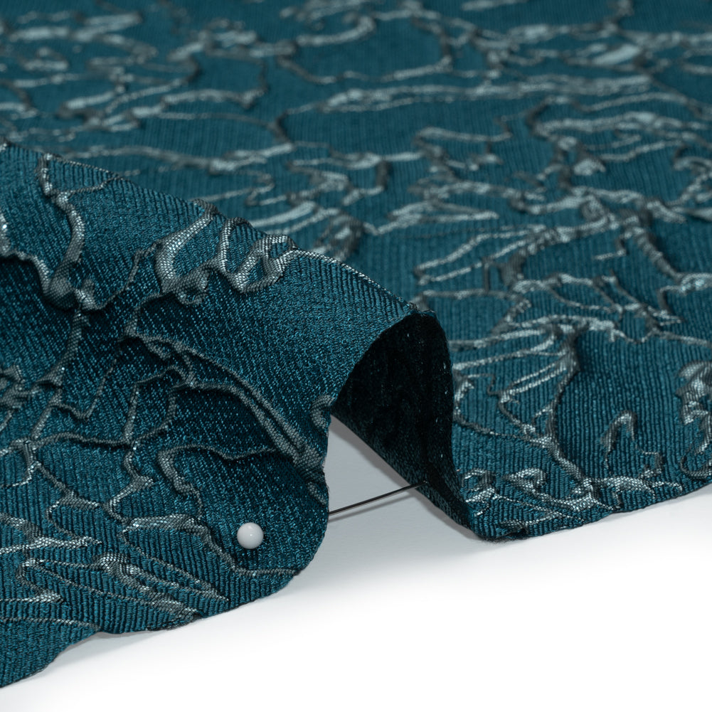 Metallic Luxury Brocade - Teal and Sky Blue Floral Outlines - Detail