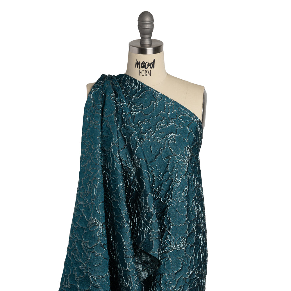 Metallic Luxury Brocade - Teal and Sky Blue Floral Outlines - Drape