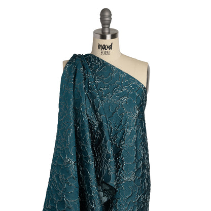 Metallic Luxury Brocade - Teal and Sky Blue Floral Outlines