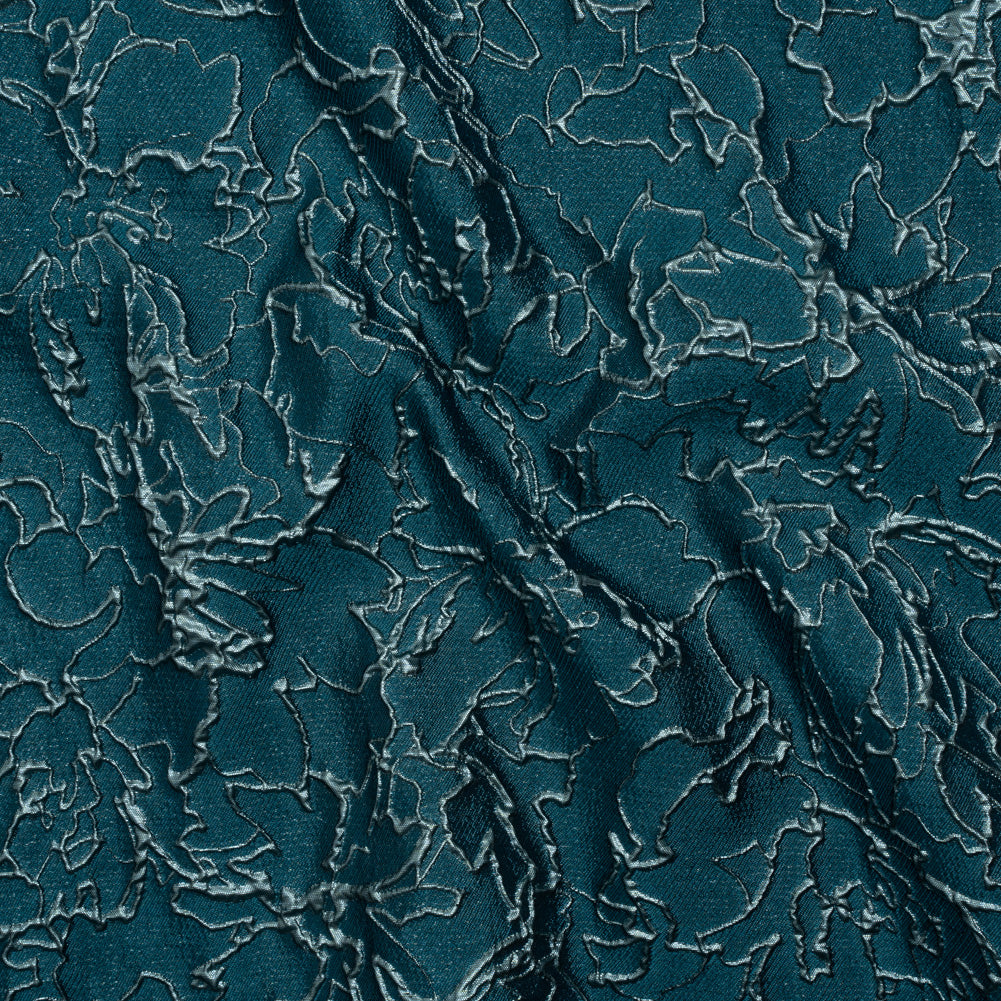 Metallic Luxury Brocade - Teal and Sky Blue Floral Outlines
