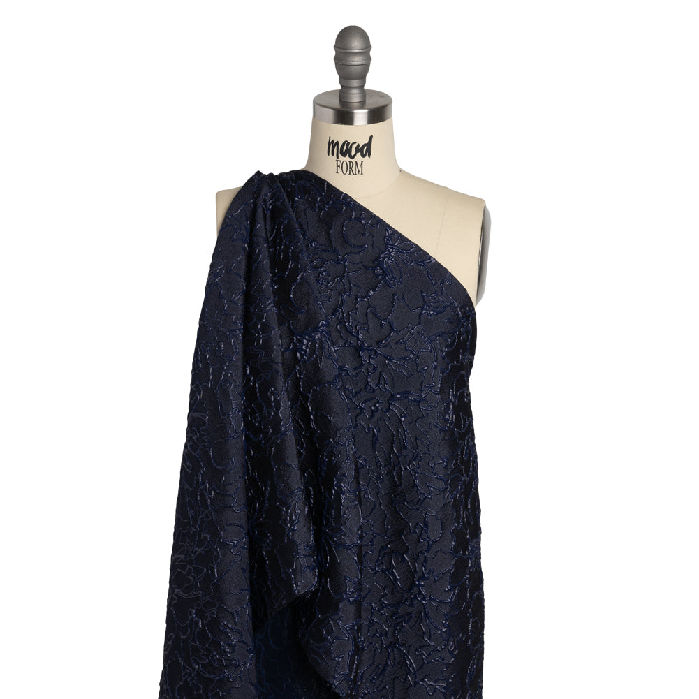 Metallic Luxury Brocade - Navy Floral Outlines