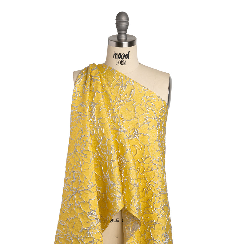 Metallic Luxury Brocade - Sunshine Yellow and Silver Floral Outlines