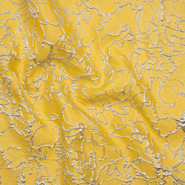 Metallic Luxury Brocade - Sunshine Yellow and Silver Floral Outlines