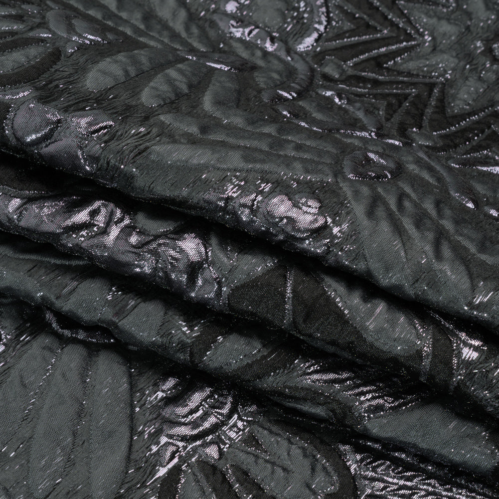 Metallic Luxury Brocade - Gray and Black Floral Medallions and Leaves