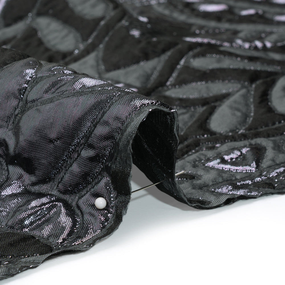 Metallic Luxury Brocade - Gray and Black Floral Medallions and Leaves