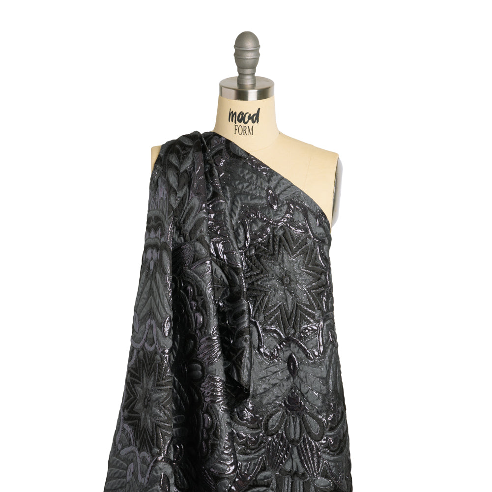 Metallic Luxury Brocade - Gray and Black Floral Medallions and Leaves