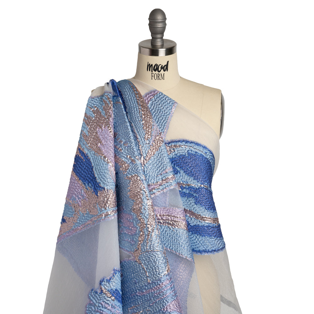 Metallic Luxury Burnout Brocade Panel - Sky Blue and Lilac Painterly Lily - Drape