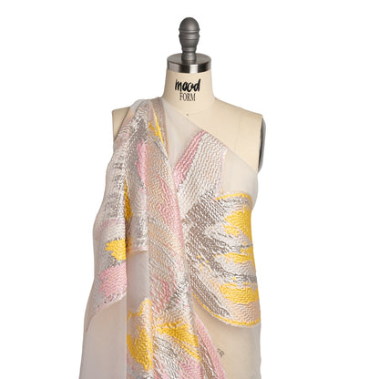 Metallic Luxury Burnout Brocade Panel - Pale Pink and Peach Painterly Lily