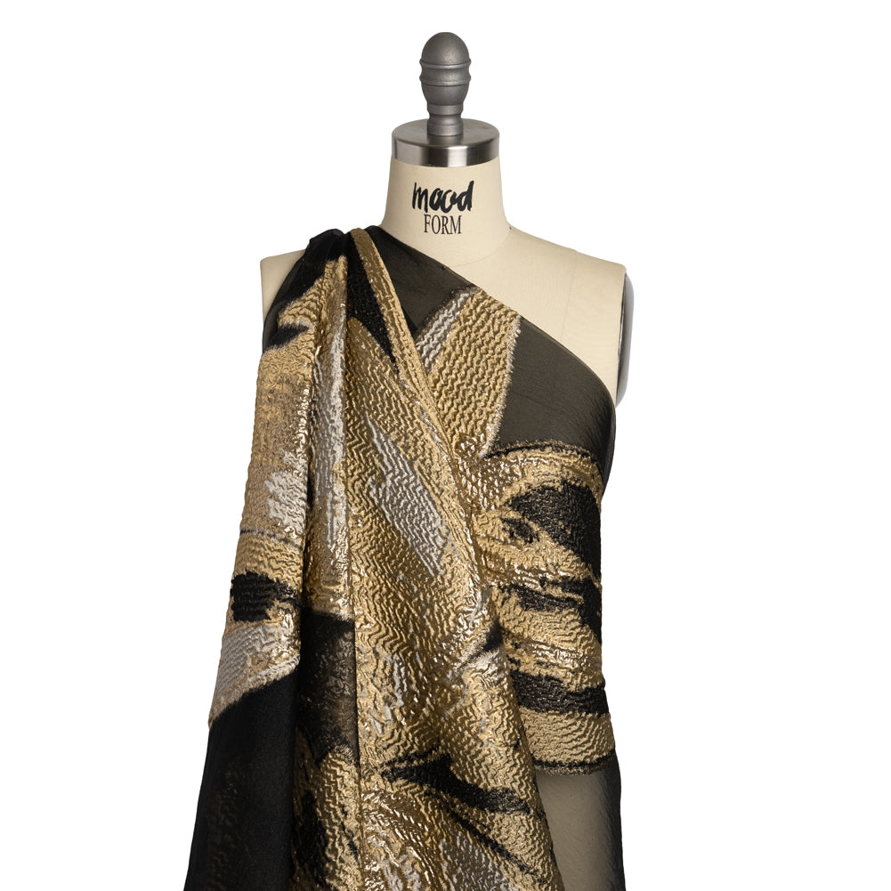 Metallic Luxury Burnout Brocade Panel - Black and Gold Painterly Lily