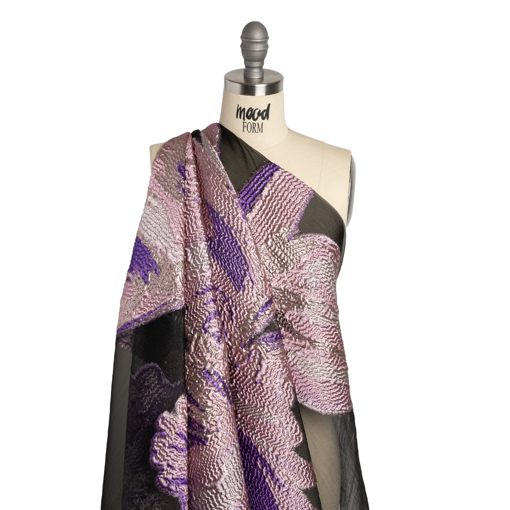 Metallic Luxury Burnout Brocade Panel - Purple and Gold Painterly Lily