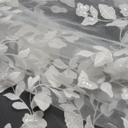 Embroidered 3D Lace with Clear Baby Sequins - White Floral Vines