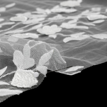 Embroidered 3D Lace with Clear Baby Sequins - White Floral Vines