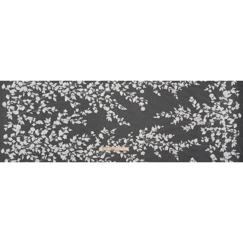 Embroidered 3D Lace with Clear Baby Sequins - White Floral Vines