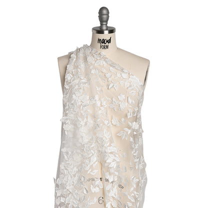 Embroidered 3D Lace with Clear Baby Sequins - White Floral Vines