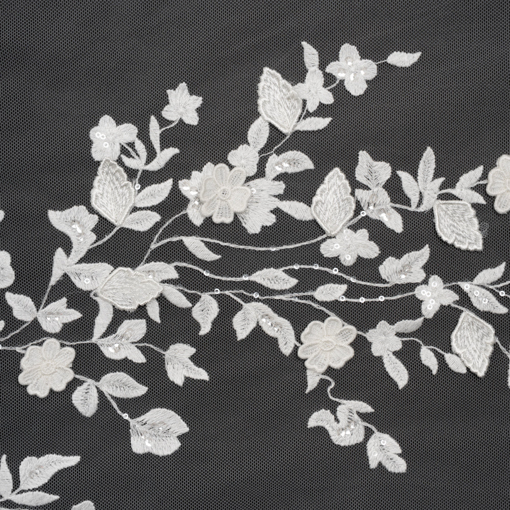 Embroidered 3D Lace with Clear Baby Sequins - White Floral Vines