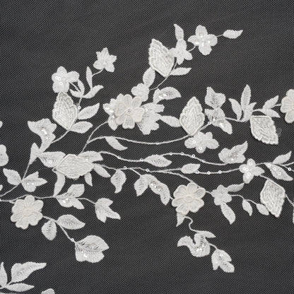 Embroidered 3D Lace with Clear Baby Sequins - White Floral Vines