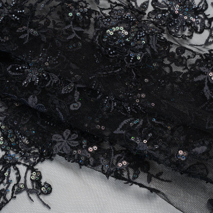 Embroidered and Beaded Lace with Holographic Sequins - Black and Gray Rose Garden