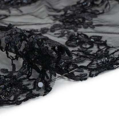 Embroidered and Beaded Lace with Holographic Sequins - Black and Gray Rose Garden